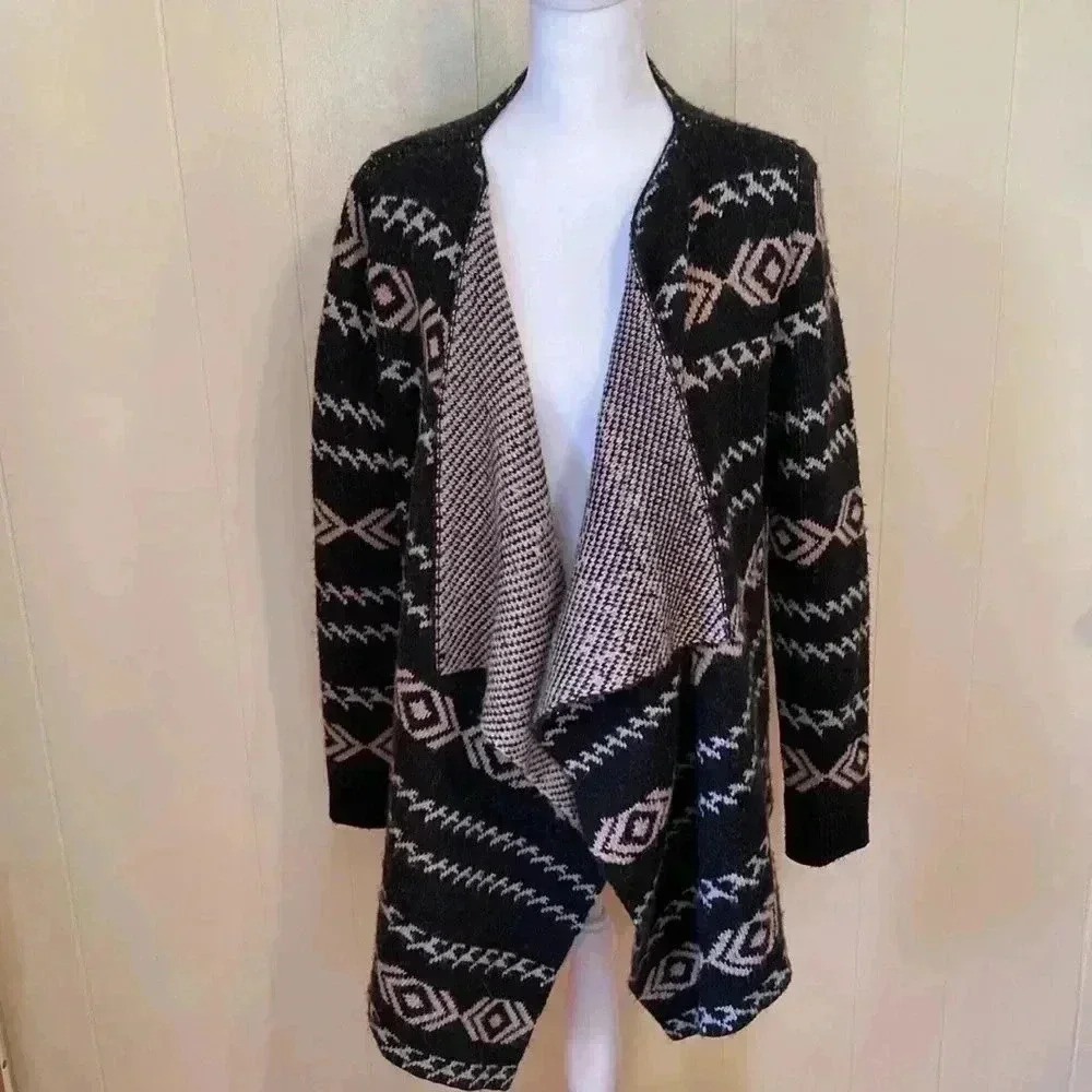 Garnet Hill Waterfall Open Front Cardigan Sweater, Black & Cream in Size Small.